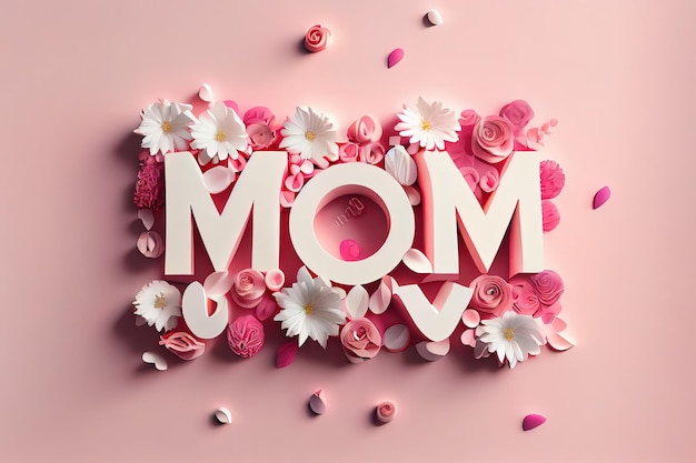 Excellent 3D Mom love made from white letters and flowers on pink background Generative Ai