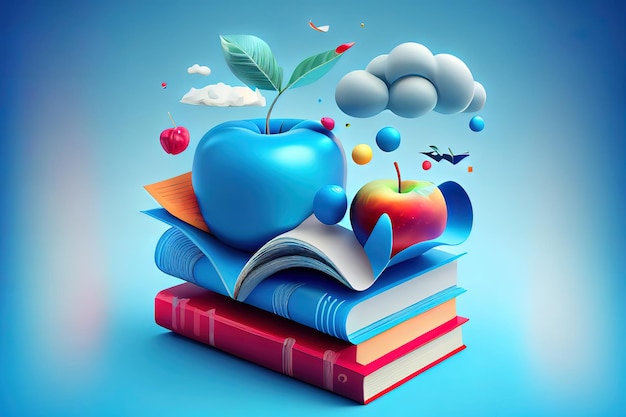 Excellent Blue 3d books parts of speech and apple cloud educational background Generative Ai