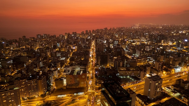 Excellent night aerial view of Av Alfredo Benavides and Via Expresa Luis Bedoya Reyes in the city of Lima