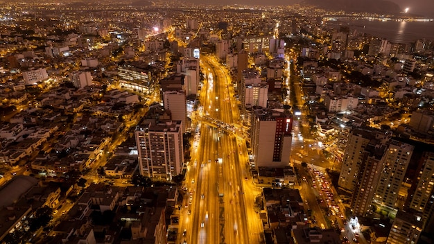 Excellent night aerial view of Av Alfredo Benavides and Via Expresa Luis Bedoya Reyes in the city of Lima