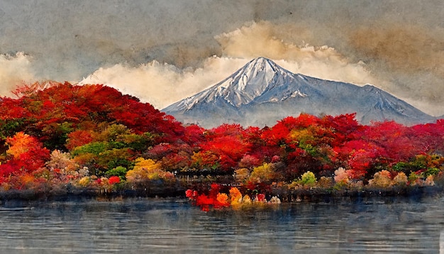 Exceptional Colorful autumn season and Mountain Fuji with red leaves at lake Kawaguchiko in Japan Generative Ai