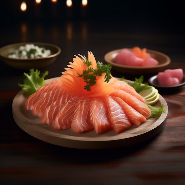 Exceptional Freshness Beautifully Presented Fresh Salmon Sashimi on a Wooden Plate in a Stylish Restaurant Setting Generative AI