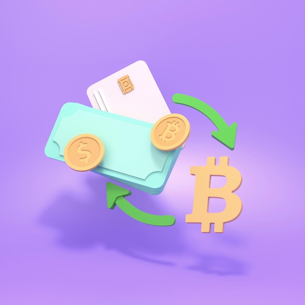 Exchange money for bitcoin. Money conversion concept. 3d render illustration.