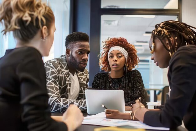 Exchanging idea for best solution Multi ethnic group of coworkers in office have meeting They have