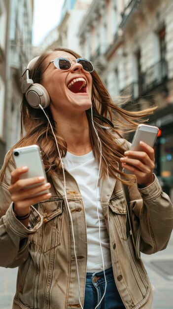 Excite Woman With Headphones And Mobile