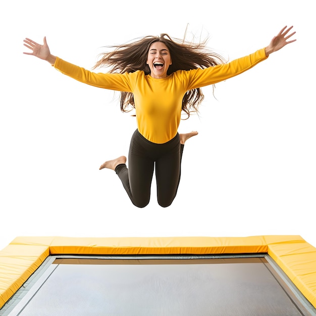 excited active woman enjoying moment of freedom and fun while jumping at wellequipped indoor