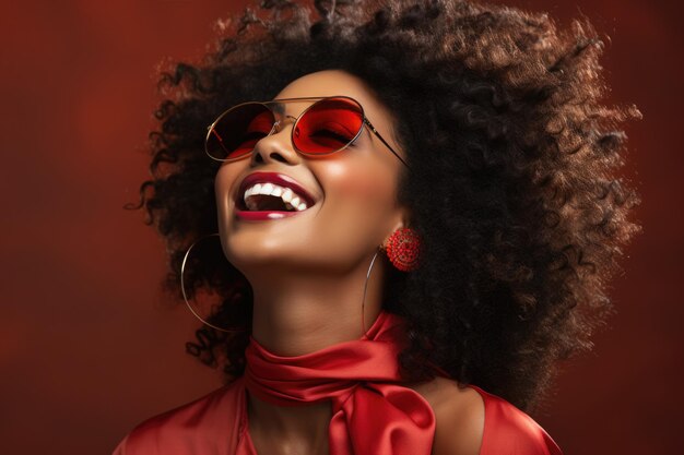 Excited african american female model smiling happily on red background AI Generated