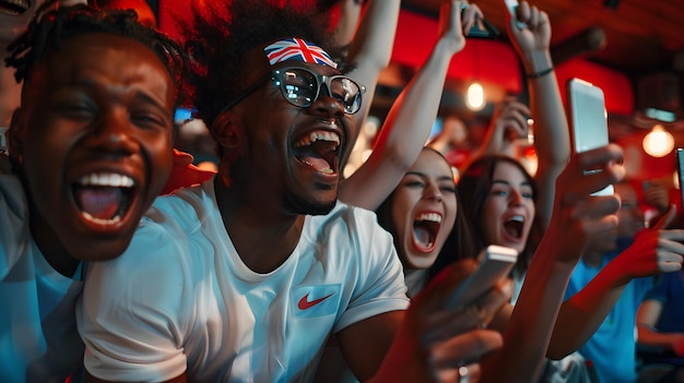 Photo excited african american football fans watching soccer match on smartphone