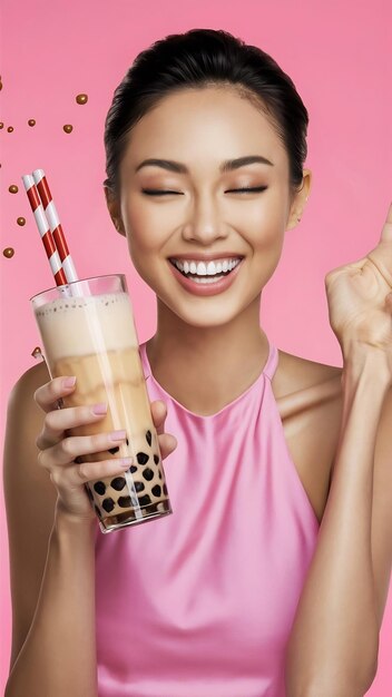 Photo excited asian beautiful woman holding drinking brown sugar flavored tapioca pearl bubble milk tea