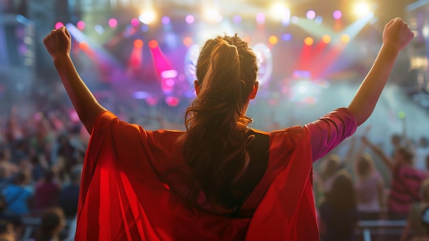 Excited Audience at Live Music Concert with Colorful Stage Lights