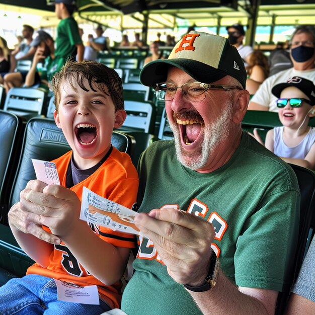 Photo excited baseball fans holding tickets at game