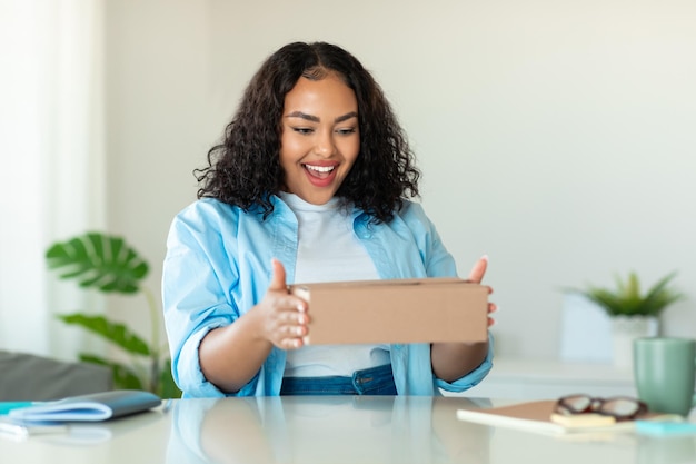 Excited Black Lady Buyer Holding Cardboard Box Unpacking Parcel Indoors