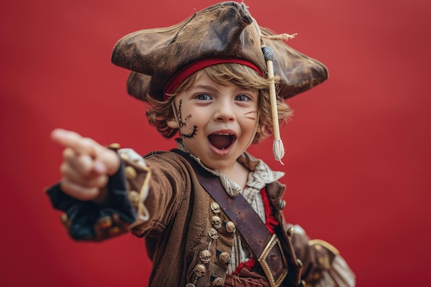 Excited boy in pirate costume posing for camera