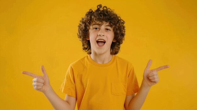 Photo excited boy pointing yellow background