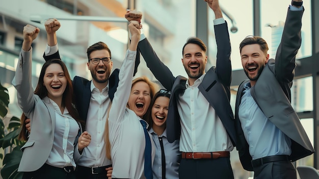 Excited business team celebrating success with arms raised