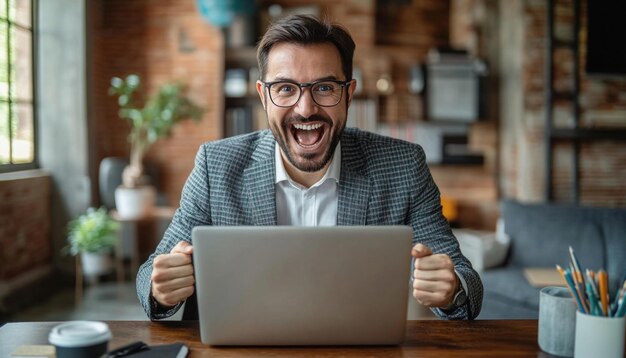 Excited businessman celebrating success while working on laptop in office