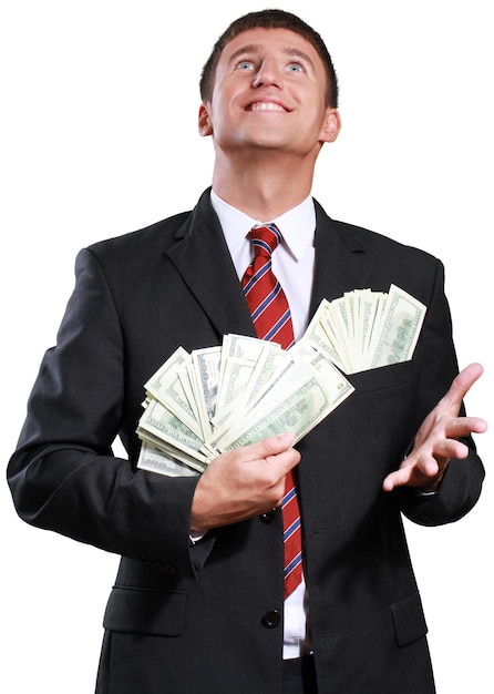 Excited Businessman Holding Money and Looking Up - Isolated