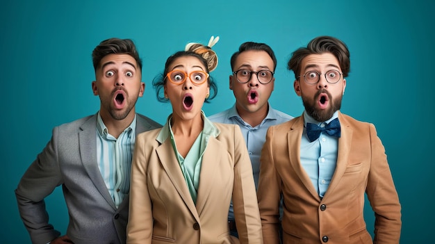 Excited businessmen and women with their mouth open in surprise happy surprised