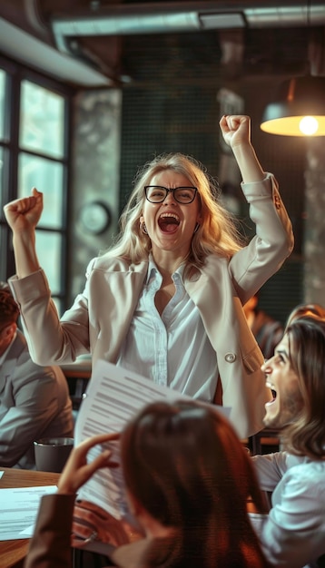 Excited businesswoman celebrating success with team in board room under bright daylight lighting