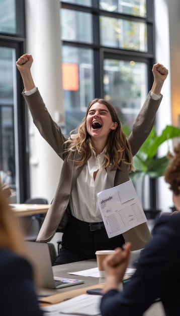 Excited businesswoman celebrating success with team in board room under bright daylight lighting