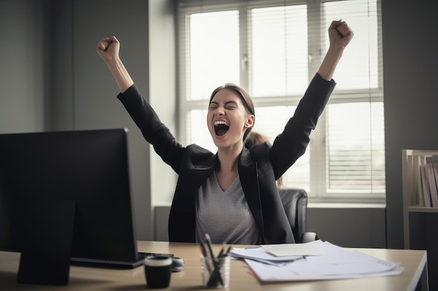 Excited businesswoman sitting in front of her computer and celebrating success