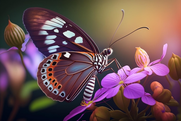 Excited butterfly on spring flowers generative ai