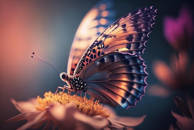 Excited butterfly on spring flowers generative ai