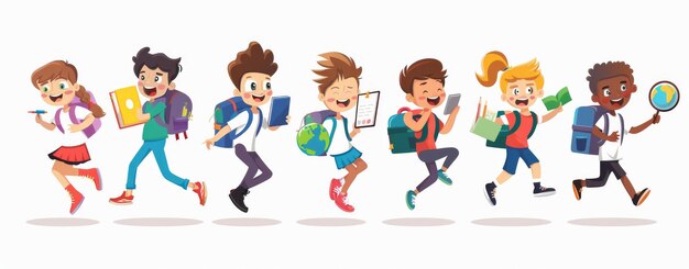 Photo excited cartoon children running around with school supplies ready for the new school year perfect