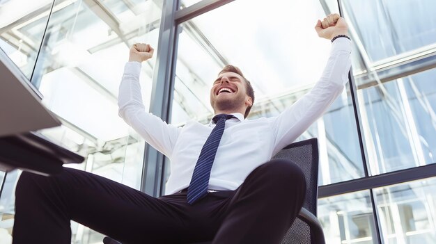 Excited Caucasian male celebrating success in a modern office