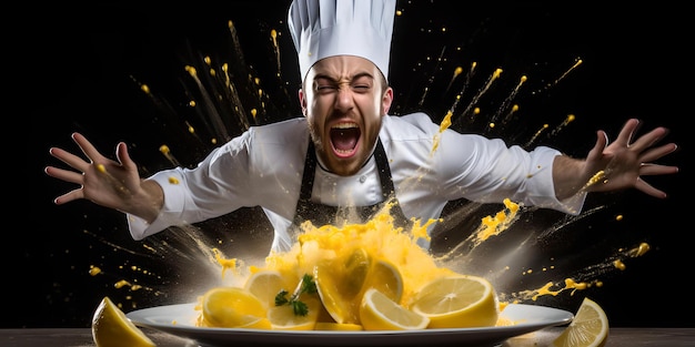 Excited chef celebrates culinary creation a vibrant explosion of pasta and lemons perfect for restaurant marketing AI