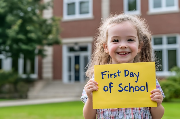 Photo excited child holds first day of school sign at school