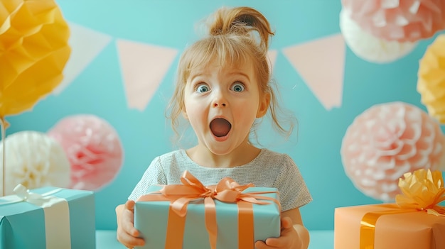 Photo excited child opens a giftsurrounded by festive party on a pastel background