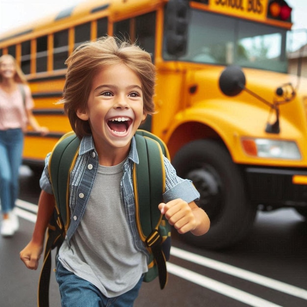 Excited Child Running Toward School Bus