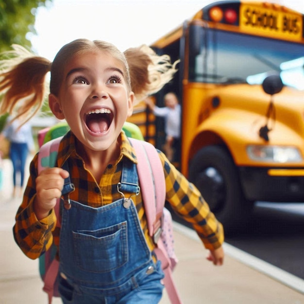 Excited Child Running Toward School Bus