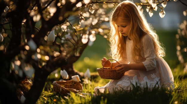 Excited child with a beaming smile eagerly searching for easter eggs in a vibrant blooming garden