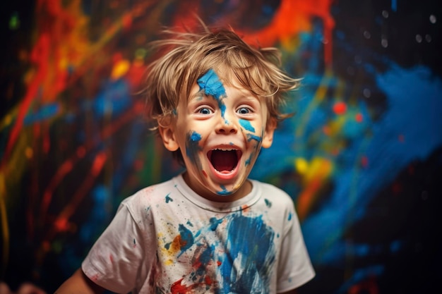 Excited child with face paint and colorful background