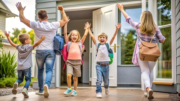 Excited Children Arriving Home With Parents