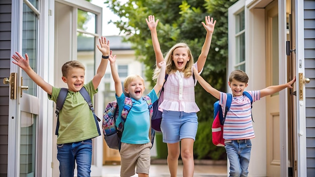 Excited Children Arriving Home With Parents