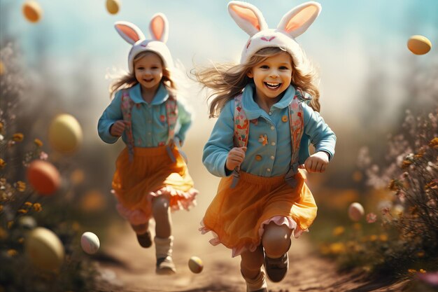 Excited children in cute bunny costumes are looking for Easter eggs on the paths near the meadow