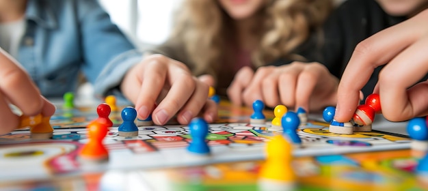 Photo excited children enjoying a board game together with ample space for text placement