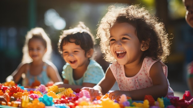 Excited children playing with toys in classroom