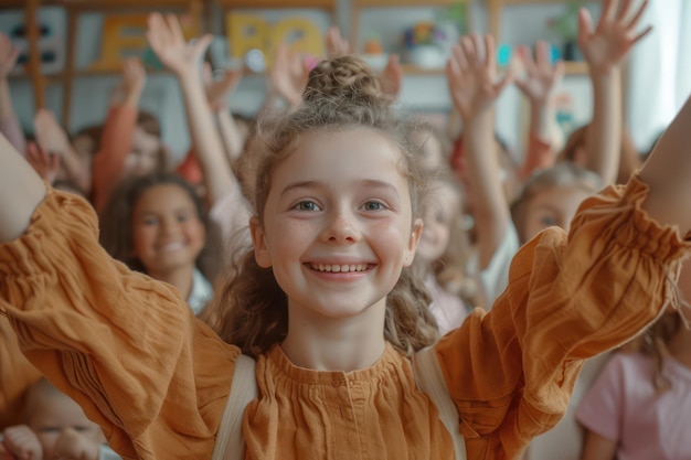 Photo excited children raising hands with books back to school concept joyful learning atmosphere