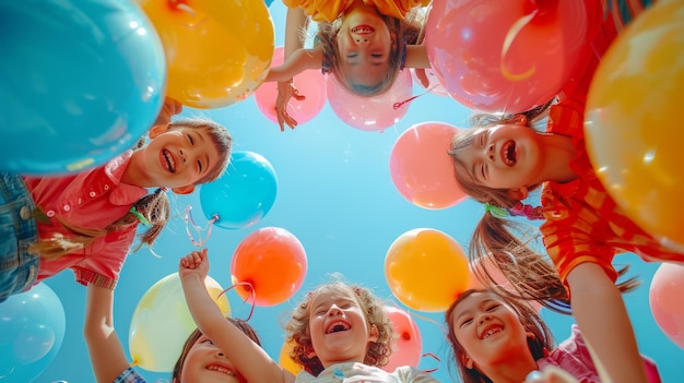 Excited children releasing colorful balloons into the sky on a sunny day