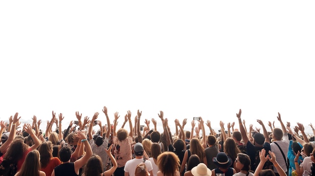 Excited concert crowd with raised hands against a bright white background