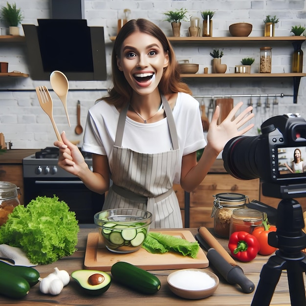 Photo excited cooking vlogger standing in front of camera with stand learning to prepare organic food