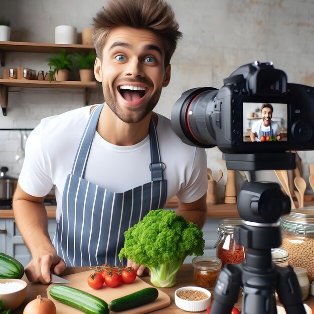 Excited cooking vlogger standing in front of camera with stand learning to prepare organic food