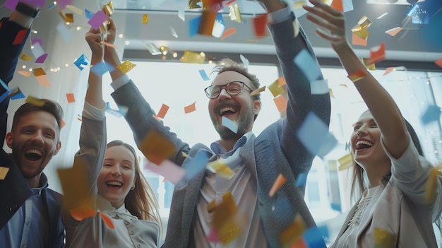 Excited coworkers celebrate success with confetti raining down