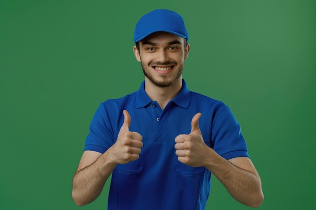 Excited delivery guy in blue uniform showing thumbs up