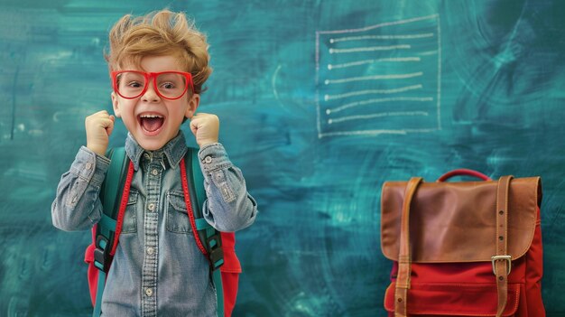 Excited Diverse Boy at First Day of School Chalkboard Scene