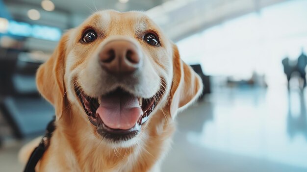 Excited dog eagerly awaits its airplane adventure at the bustling airport terminal filled with joy